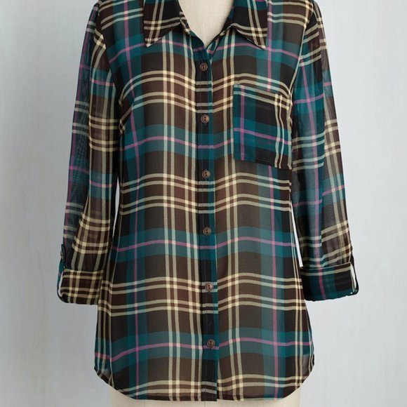 EUC Modcloth Sheer Plaid Button Down Blouse 1X - Picture 4 of 16